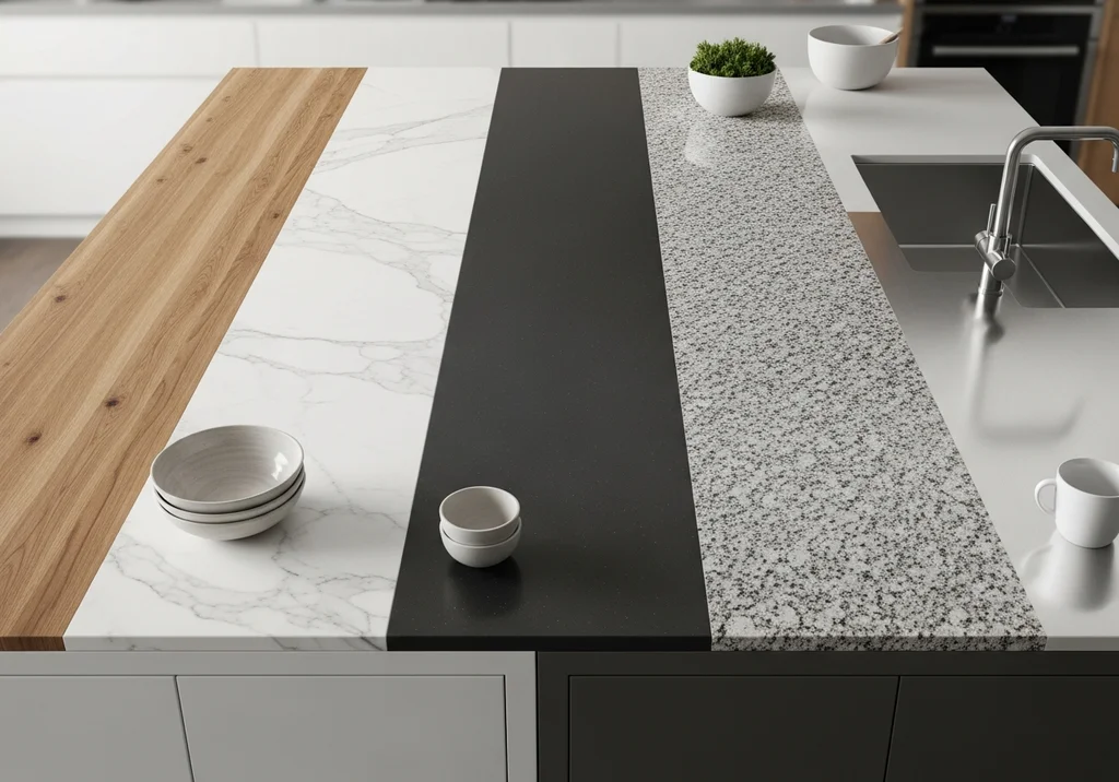 Blat kuchenny z drewna, marmuru, czarnego kwarcu i granitu.