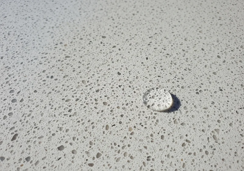 Kropla wody na białym blacie z konglomeratu kwarcowego, ilustrująca jego niską nasiąkliwość.