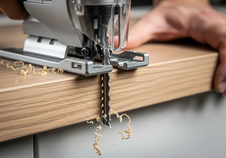 Dłoń osoby i wyrzynarka tnące blat kuchenny z drewna, tworząc wióry.