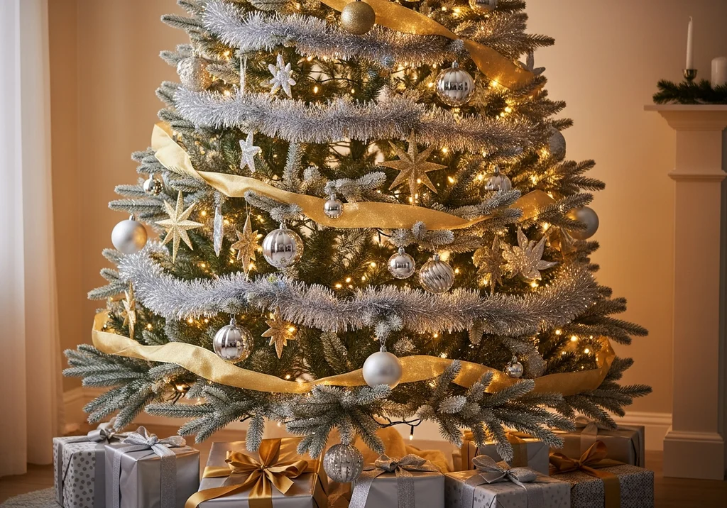 Srebrno-złota choinka świąteczna z prezentami u podstawy.
