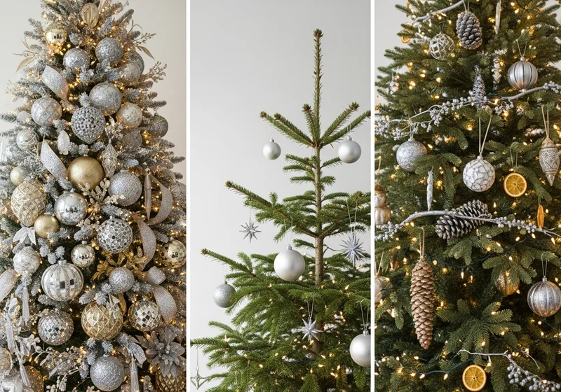Trzy eleganckie choinki w srebrno-złotej kolorystyce, każda z innym stylem dekoracji.