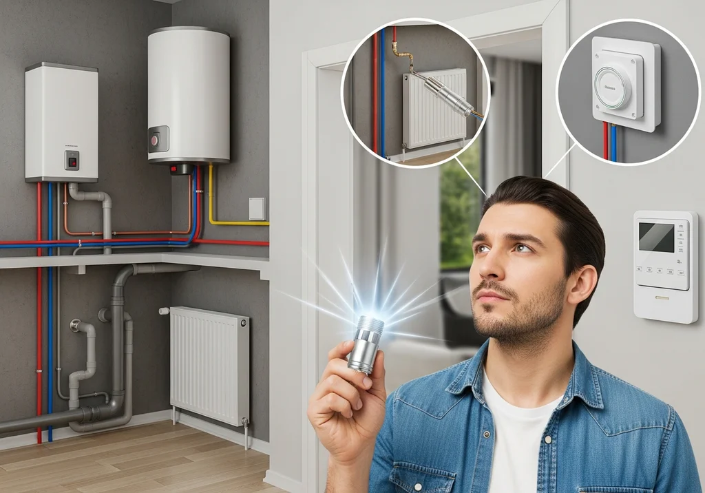 Mężczyzna trzyma element instalacji grzewczej, myśląc o montażu czujnika bimetalicznego.