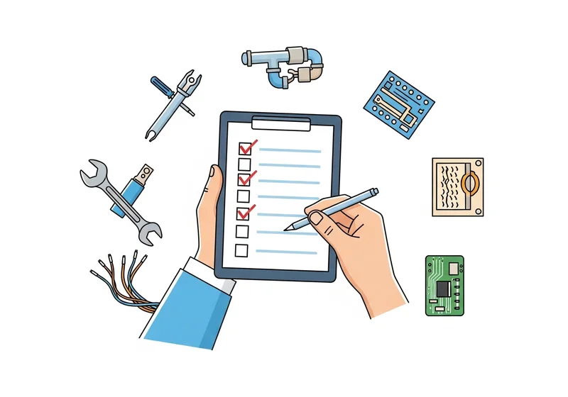 Ręka z długopisem zaznacza punkty na liście kontrolnej obok narzędzi technicznych i komponentów elektronicznych.