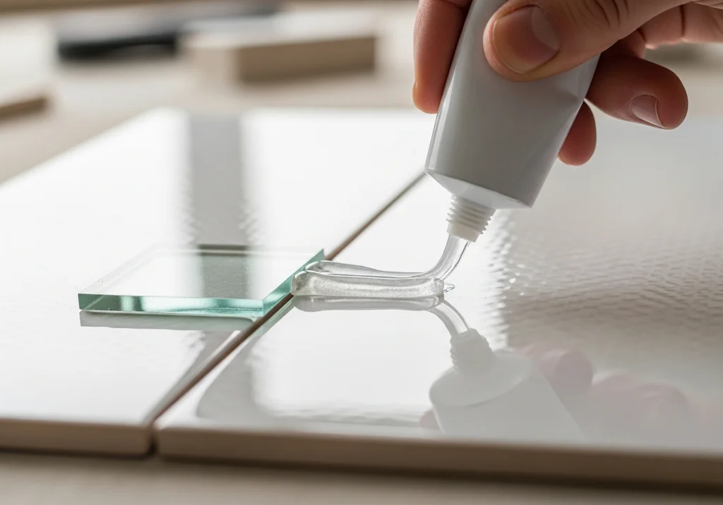 Nakładanie kleju z tubki na płytki przed położeniem na nich szklanej płytki.