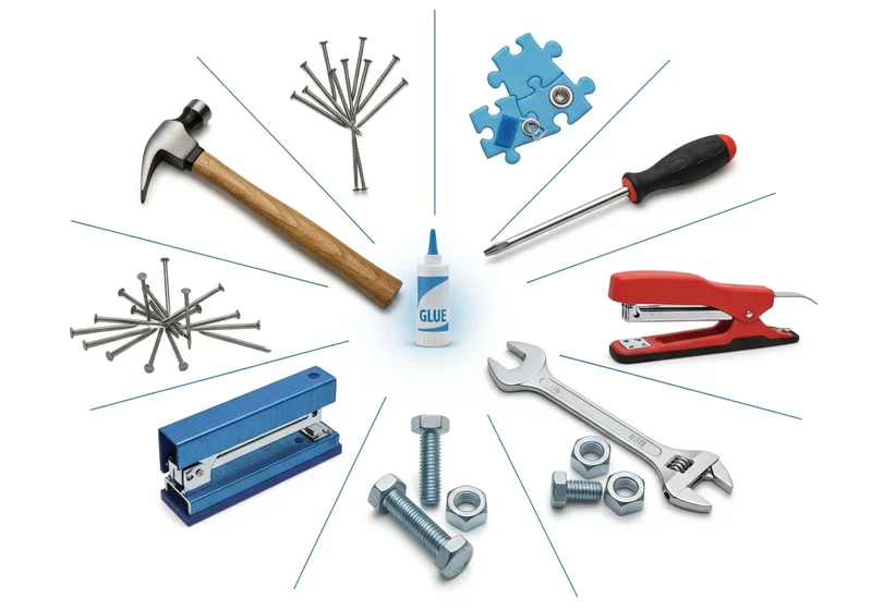 Narzędzia do montażu: młotek, gwoździe, śrubokręt, zszywacze, klucz, śruby i nakrętki.