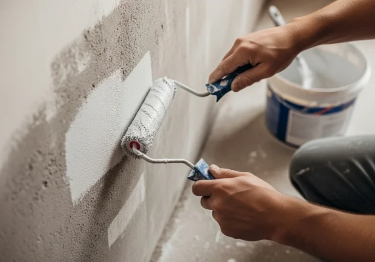 Malowanie ściany wałkiem, przygotowanie podłoża pod płytki.