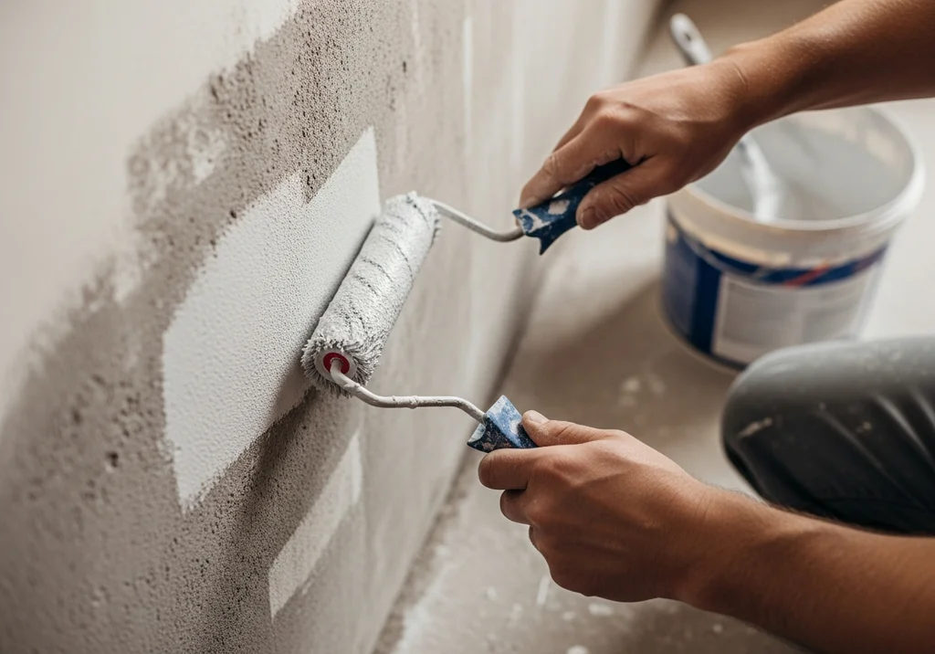 Malowanie ściany wałkiem, przygotowanie podłoża pod płytki.