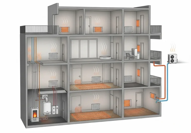 Ilustracja przekroju budynku mieszkalnego z różnymi systemami ogrzewania.