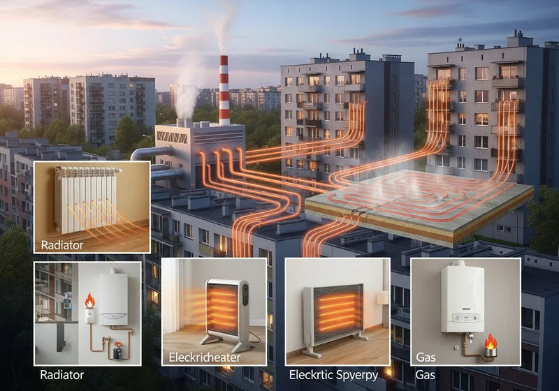 Schemat centralnego ogrzewania w blokach z różnymi rozwiązaniami grzewczymi.