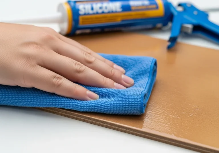 Dłoń zmywa mokrą, niebieską szmatką błyszczącą powierzchnię z brązowego materiału.