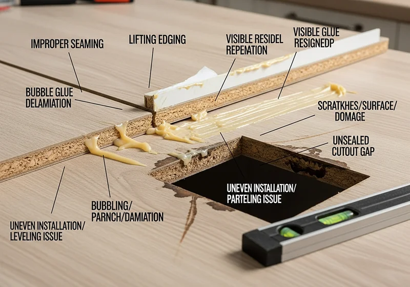 Niewłaściwie połączone blaty kuchenne z widocznymi wadami montażu i klejenia.