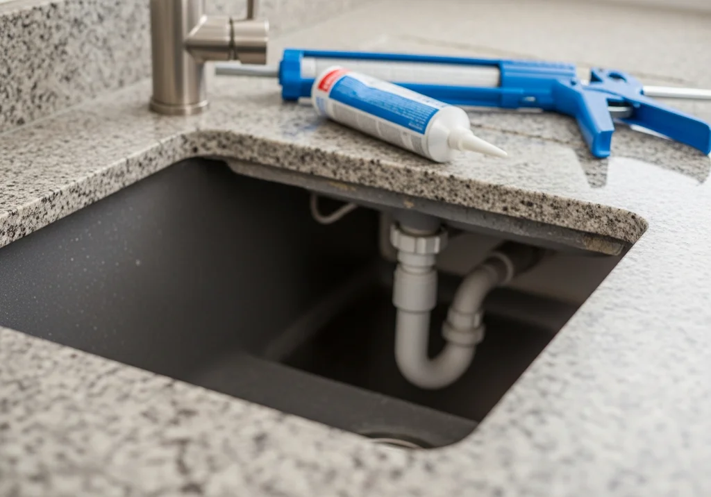 Pistolet do silikonu i tubka z klejem na granitowym blacie kuchennym przy zlewie.