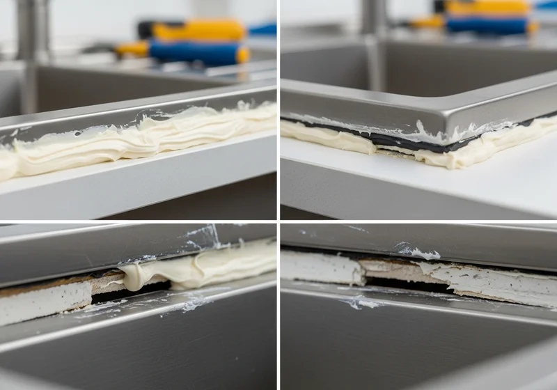 Dół: zlew przyklejony do blatu; Góra: zlew odklejony od blatu.