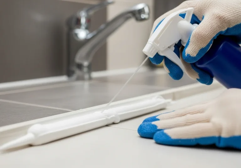 Ręka w rękawicy spryskuje silikon wodą z butelki z rozpylaczem.