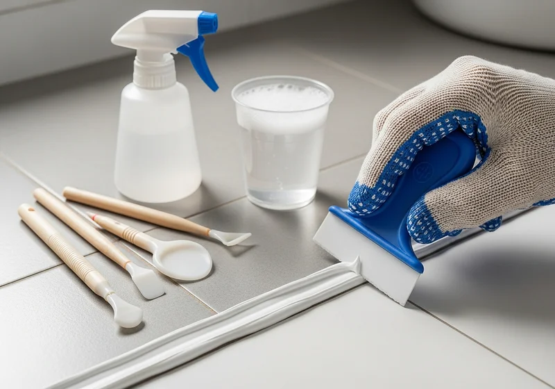 Glovná ręka wygładza silikon białą szpatułką. W tle spray, pędzelki i kubek z wodą.