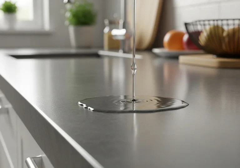 Czysty blat kuchenny z kapiącą wodą, podkreślający potrzebę ochrony przed wilgocią.