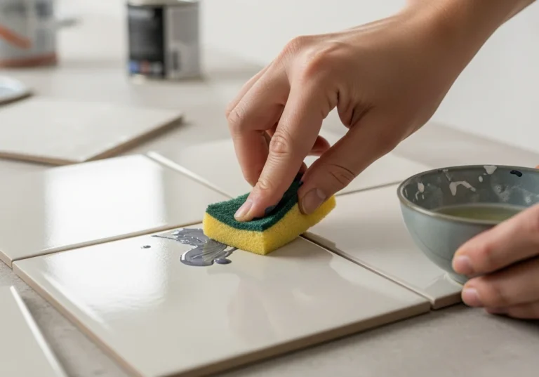 Czyszczenie zaschniętej farby olejnej z powierzchni płytek gresowych przy użyciu gąbki i kuwety z płynem.