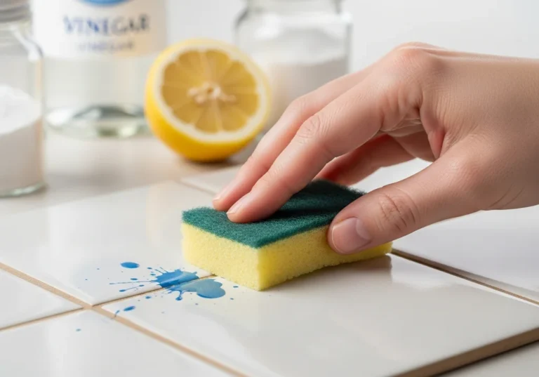 Dłoń z gąbką zmywa niebieskie plamy z białych płytek.