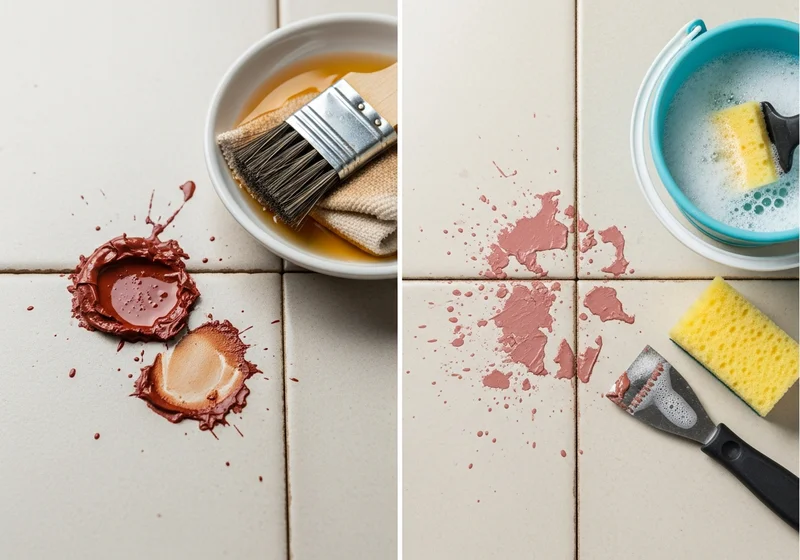 Dwa ujęcia z brązową i różową farbą na płytkach, pędzle i gąbki.