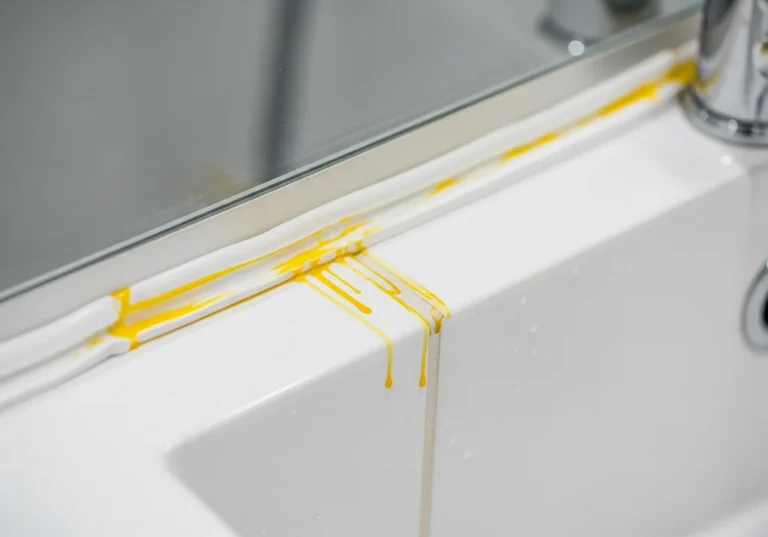 Żółty silikon w łazience, widoczny na białej powierzchni zlewu i wokół lustra.