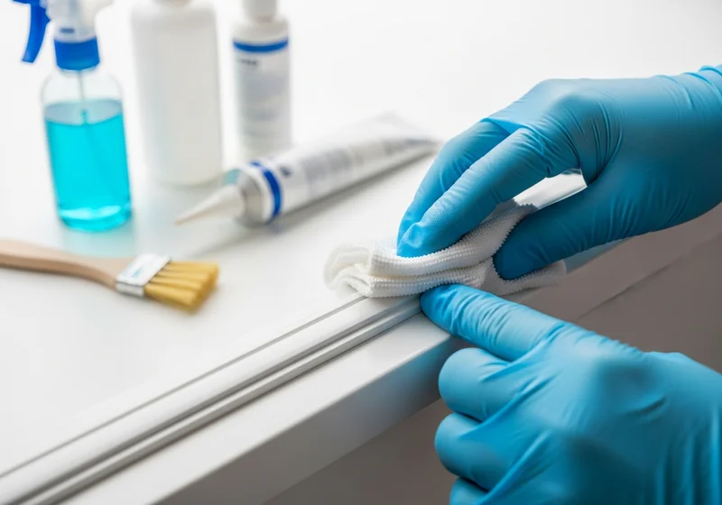 Osoba w niebieskich rękawiczkach czyści białą listwę materiałem.