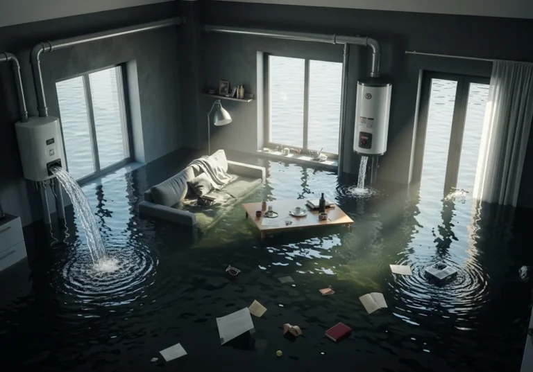 Zalane mieszkanie z wodą lejącą się z urządzeń grzewczych.