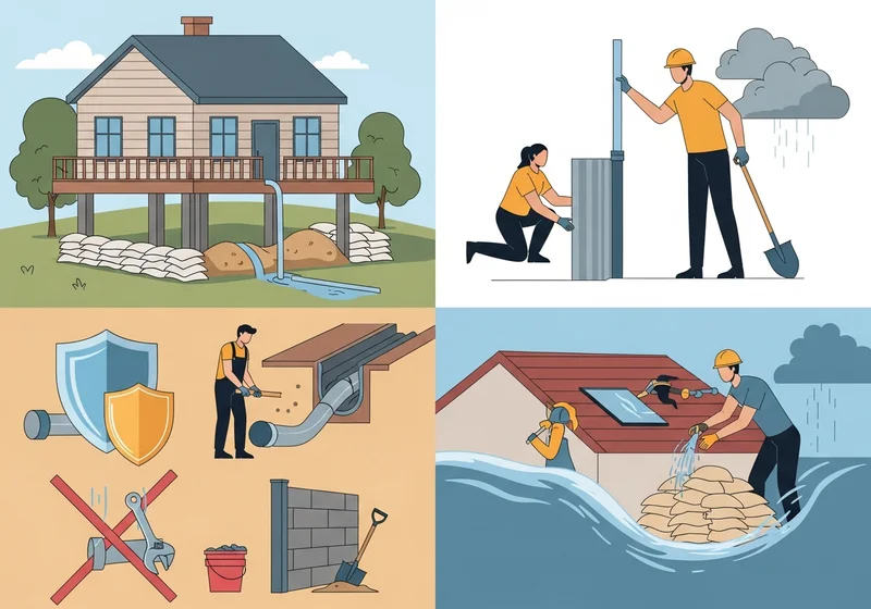 Ilustracje pokazują sposoby zapobiegania zalaniu domu i jego ochrony.