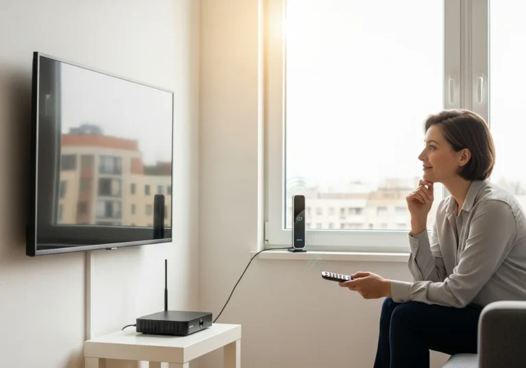 Kobieta z pilotem w ręku i inteligentnym głośnikiem obok okna, przy którym stoi telewizor.