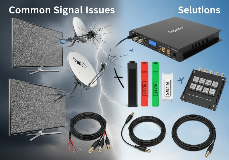 Akcesoria do poprawy jakości sygnału TV naziemnej: filtry, wzmacniacze i kable.