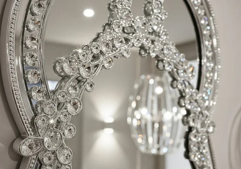 Eleganckie, ozdobione kryształkami lustro z lustrzaną ramą i zawieszką.