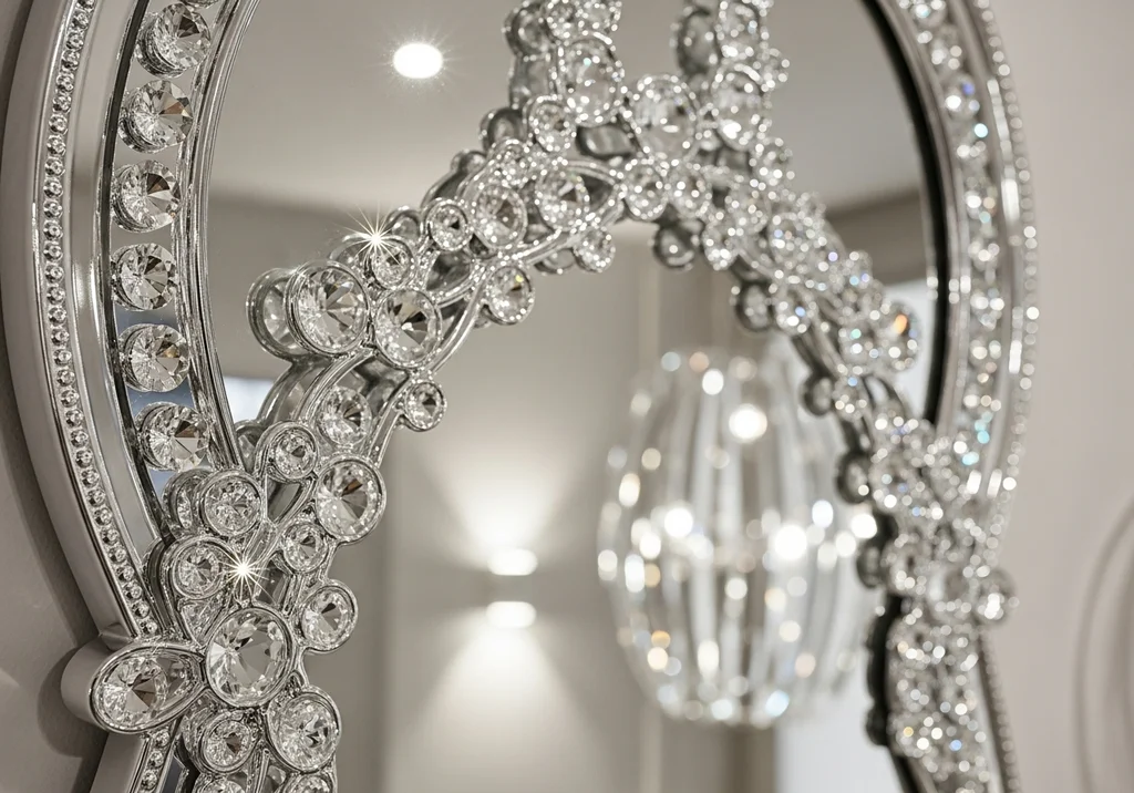Eleganckie, ozdobione kryształkami lustro z lustrzaną ramą i zawieszką.