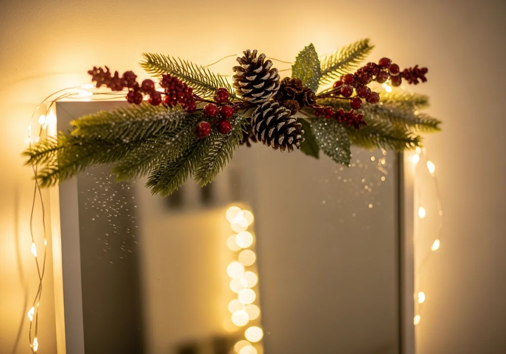 Lustro ozdobione zimową girlandą z gałązek świerku, szyszek, czerwonych jagód i światełek.