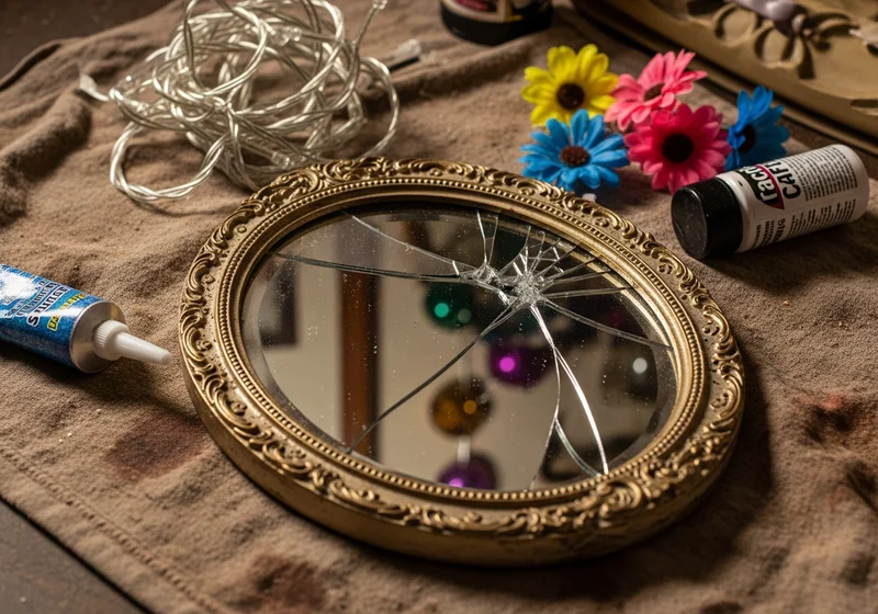 Zepsute lustro w ozdobnej ramie, z klejem i świątecznymi ozdobami.