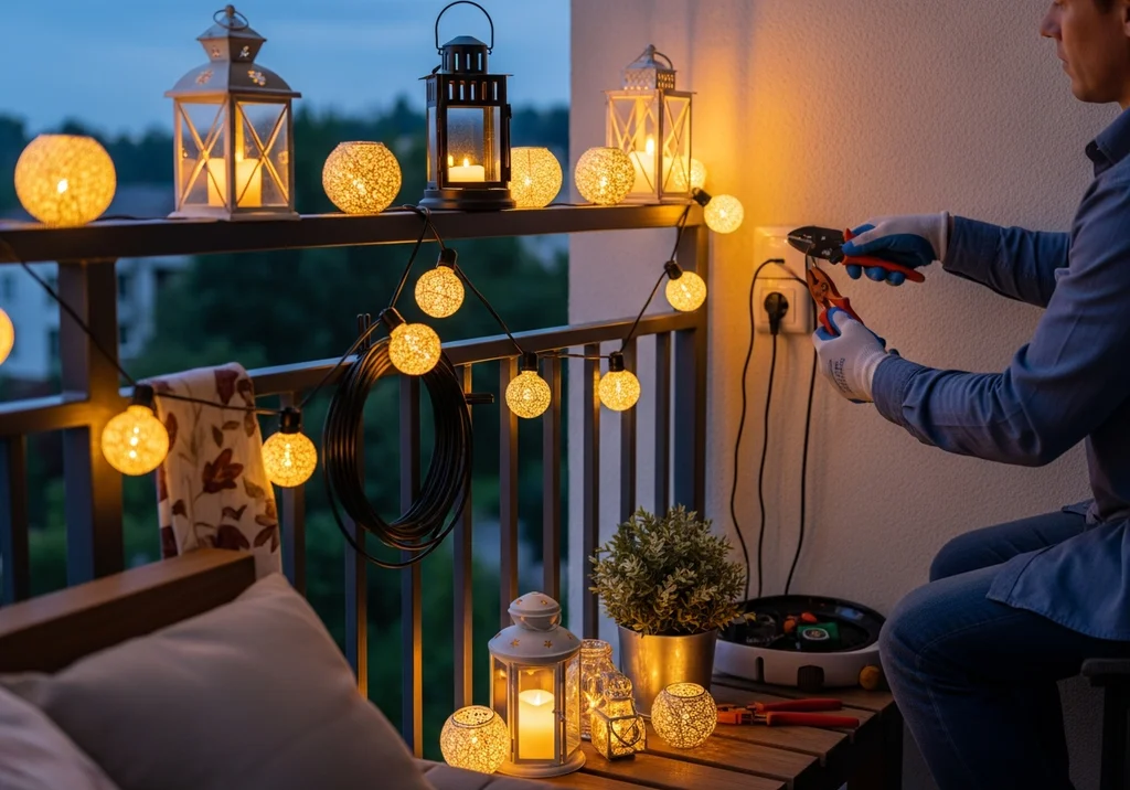 Mężczyzna w rękawiczkach podłącza lampki na balkonie przy użyciu narzędzi.