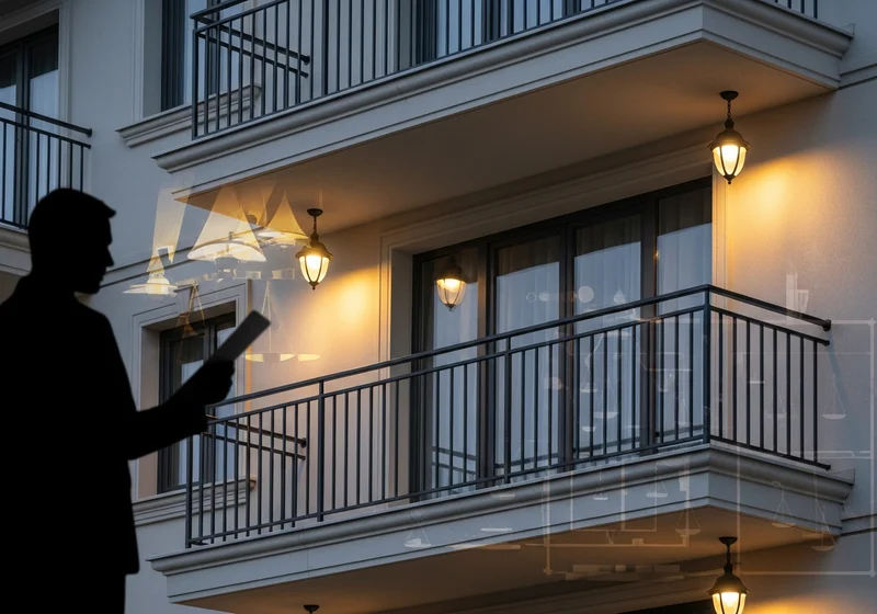Sylwetka mężczyzny czytającego dokument na tle balkonu z lampkami i schematami prawnymi.