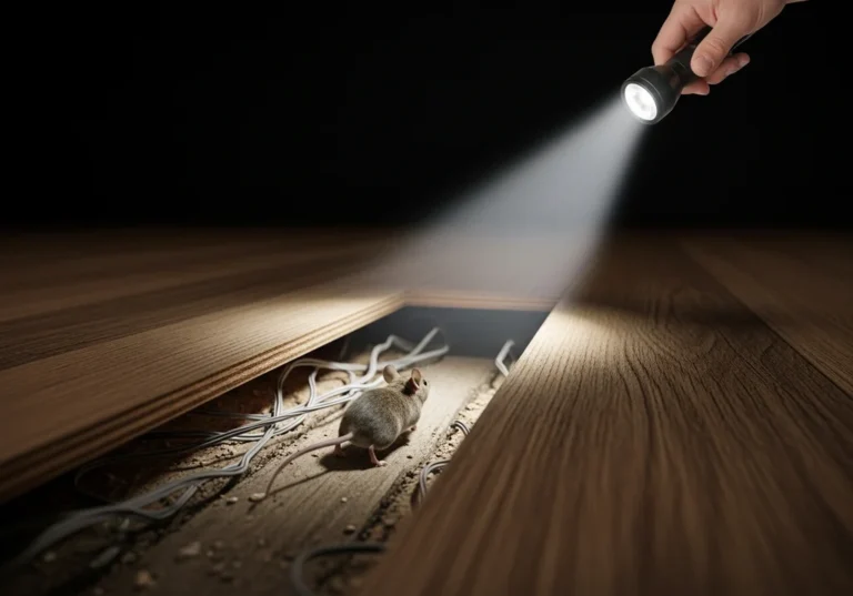 Mała mysz siedzi w szczelinie pod drewnianą podłogą, oświetlona latarką.