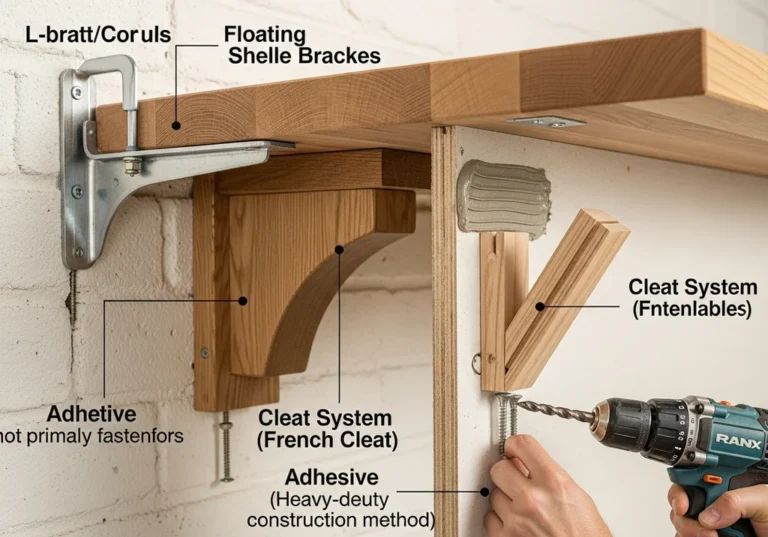 Widok zbliżenia na różne systemy mocowania blatów do ściany: L-bratt, cleat system i śruby.