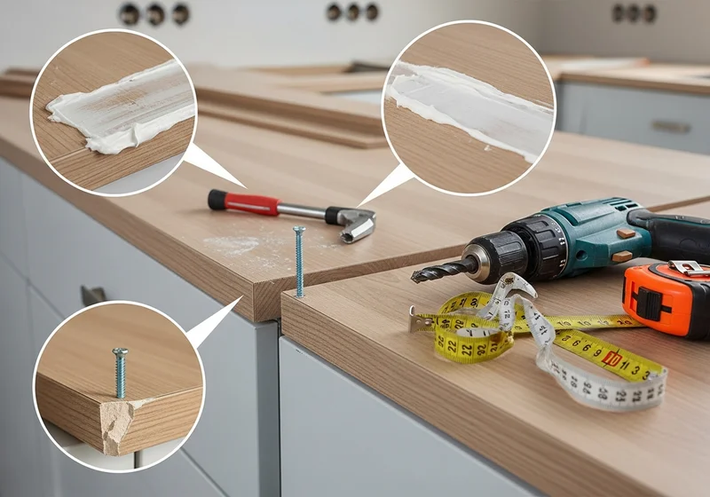 Wkręty, klej do drewna i narzędzia do montażu blatu kuchennego.