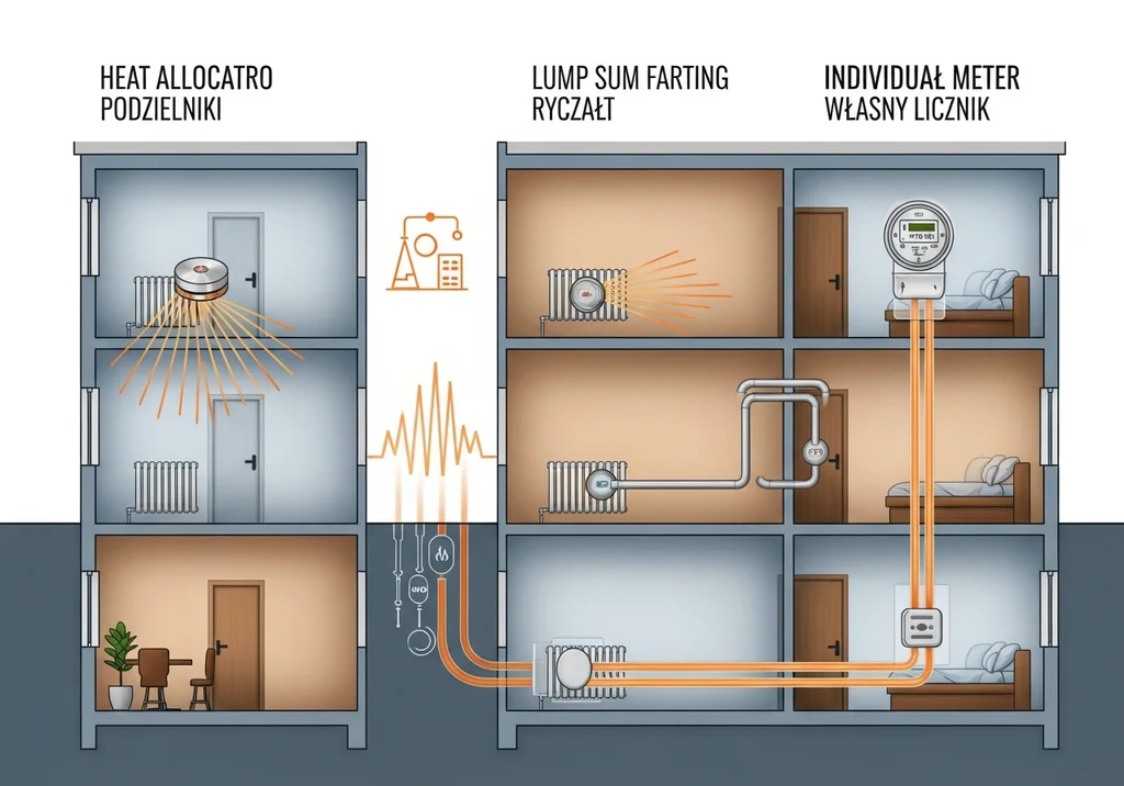 Ilustracja porównuje rozliczanie ogrzewania: podzielniki, ryczałt i własny licznik.