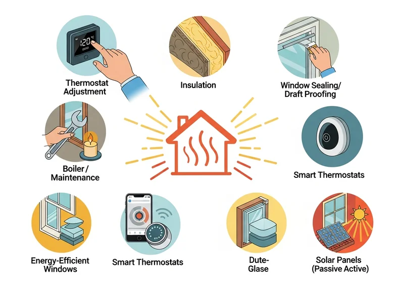 Ikony ilustrujące oszczędzanie energii w domu: termostat, izolacja, okna, panele słoneczne.