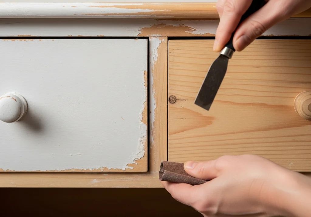 Osoba usuwa farbę kredową z mebla za pomocą szpachelki i papieru ściernego.