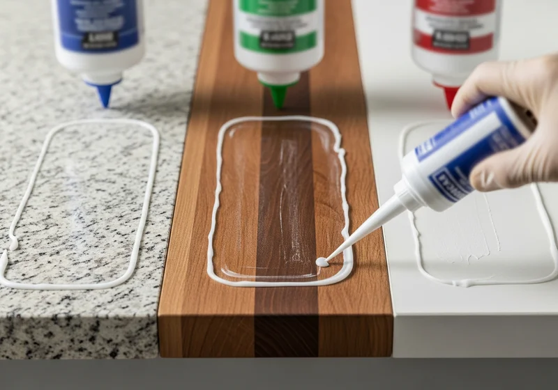 Butelki z silikonem na blatach z granitu, drewna i białego materiału.