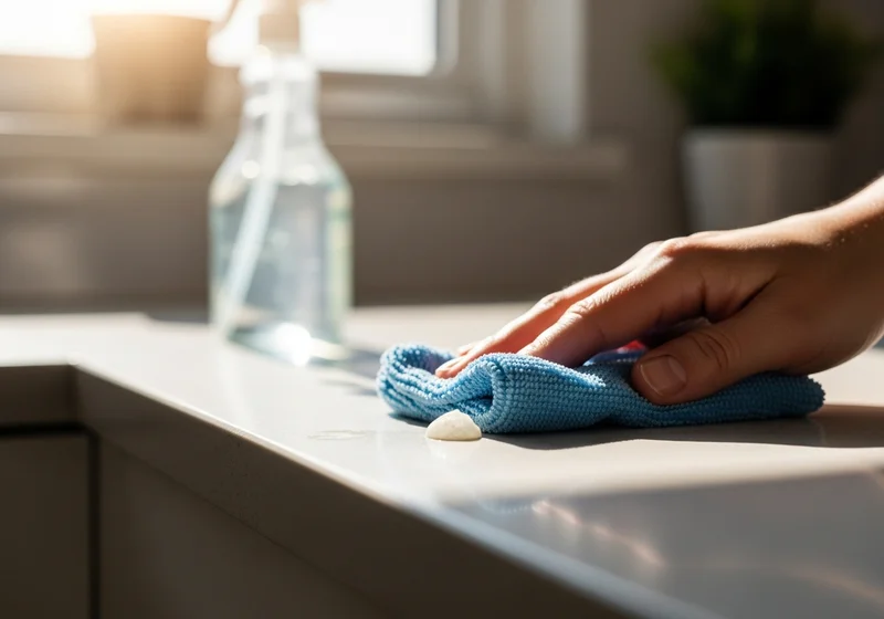 Ręka wyciera blat kuchenny niebieską ściereczką, usuwając drobne zabrudzenie.