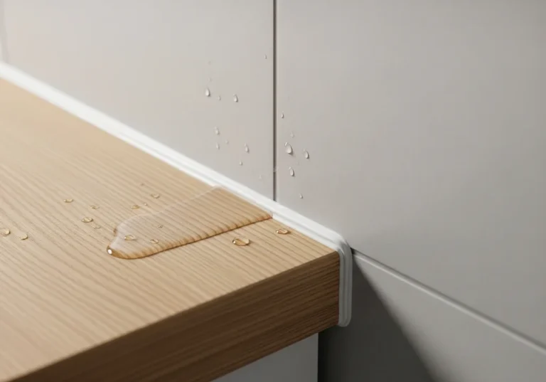 Krople wody na drewnianym blacie kuchennym przy białej listwie uszczelniającej.