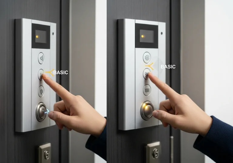 Dłoń naciska przycisk domofonu z napisem "BASIC", podświetlonym na pomarańczowo.