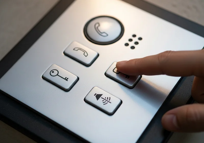 Panel domofonowy z przyciskami: słuchawka, otwórz, klucz, wyciszenie.