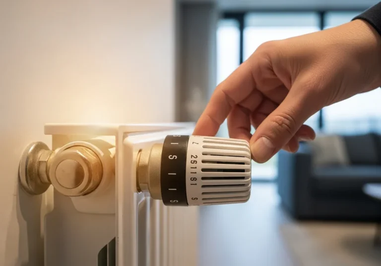 Dłoń ustawia termostat grzejnika na wyższą temperaturę.