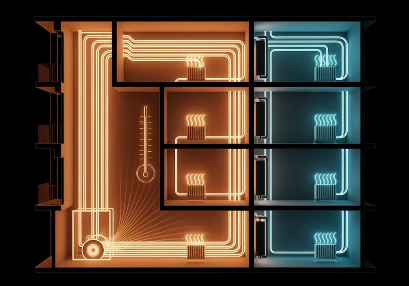 Schemat systemu grzewczego: centralna jednostka, grzejniki i rury doprowadzające ciepło.
