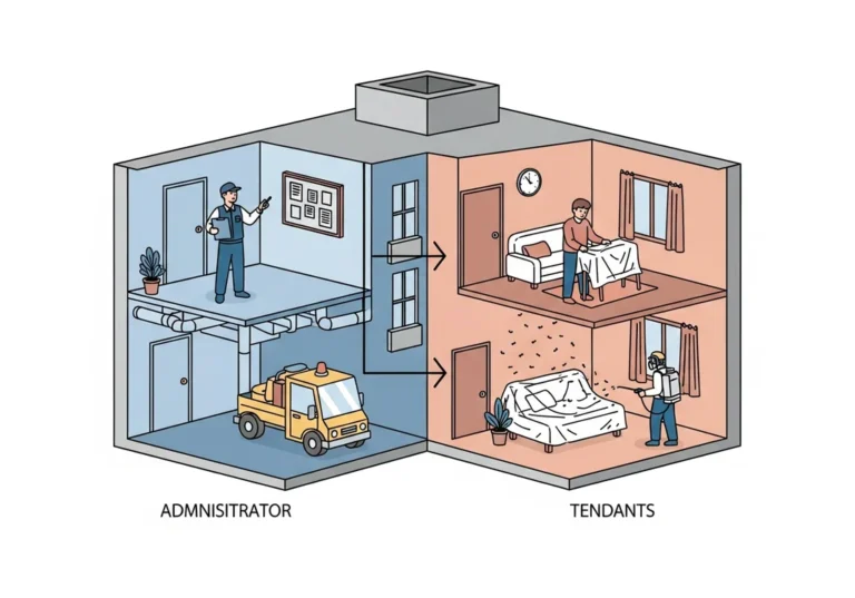 Schemat pokazujący podział obowiązków administratora i lokatorów w procesie dezynsekcji bloku.