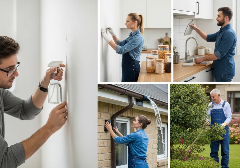 Ludzie sprzątają, porządkują kuchnię, konserwują rynny i pielęgnują ogród.